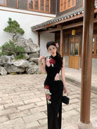 Beth and Brian Qipao-MIMO Sleeveless, New Chinese style(新中式), black long Cheongsam