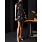 Beth and Brian Qipao - FL High end black brocade short Qipao with cap sleeves