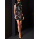 Beth and Brian Qipao - FL High end black brocade short Qipao with cap sleeves