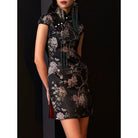 Beth and Brian Qipao - FL High end black brocade short Qipao with cap sleeves