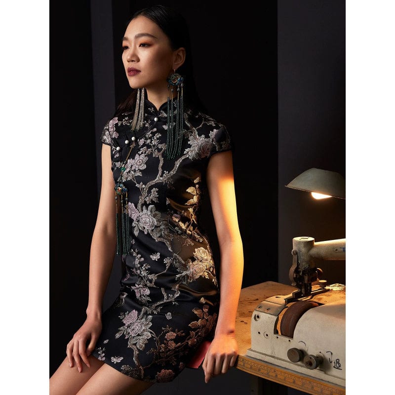 Beth and Brian Qipao - FL High end black brocade short Qipao with cap sleeves