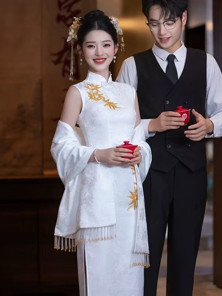 Beth and Brian Qipao-GR Leaf embroidery, wedding white midi Qipao set