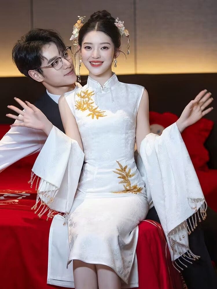 Beth and Brian Qipao-GR Leaf embroidery, wedding white midi Qipao set
