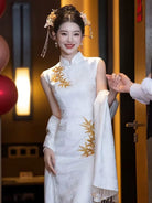 Beth and Brian Qipao-GR Leaf embroidery, wedding white midi Qipao set