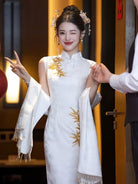 Beth and Brian Qipao-GR Leaf embroidery, wedding white midi Qipao set