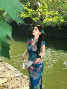 Beth and Brian Qipao-MIMO Sleeveless, New Chinese style(新中式), blue long Cheongsam