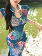 Beth and Brian Qipao-MIMO Sleeveless, New Chinese style(新中式), blue long Cheongsam
