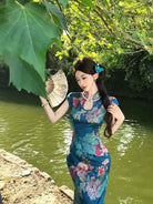 Beth and Brian Qipao-MIMO Sleeveless, New Chinese style(新中式), blue long Cheongsam
