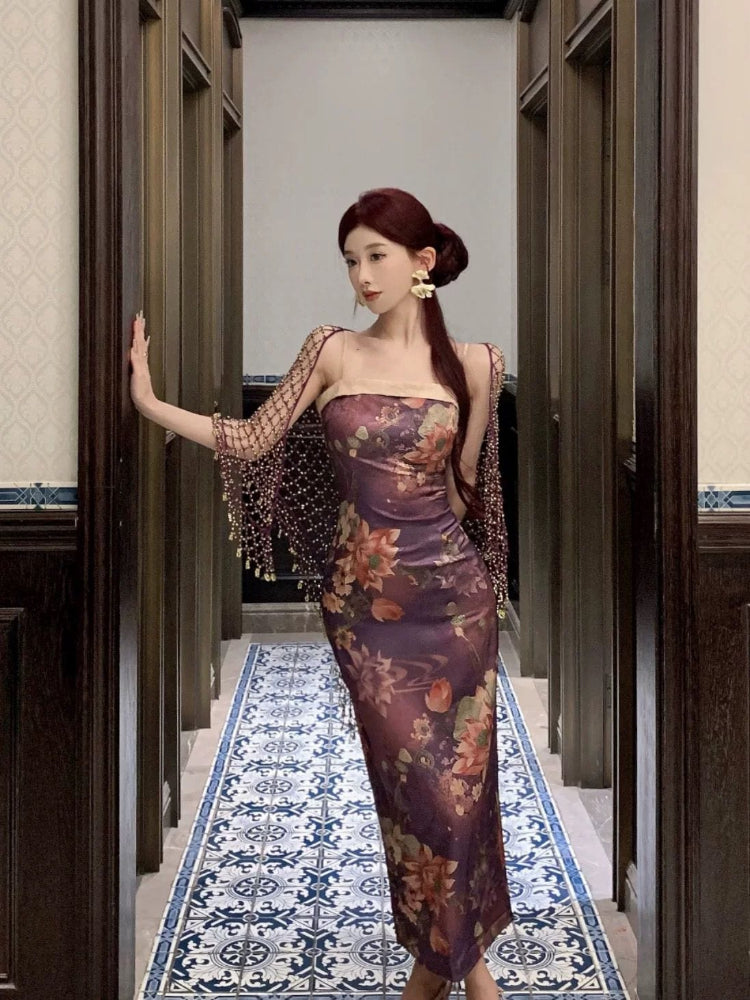 Beth and Brian Qipao-MIMO Tube top, floral pattern, purple long Qipao set
