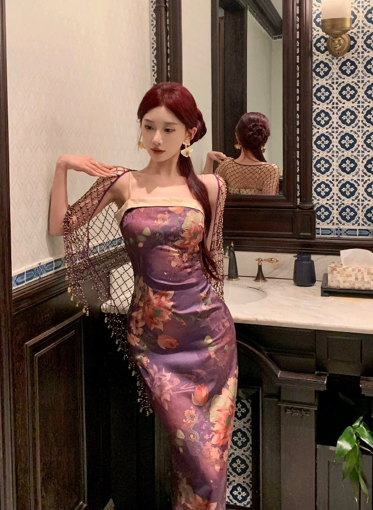 Beth and Brian Qipao-MIMO Tube top, floral pattern, purple long Qipao set