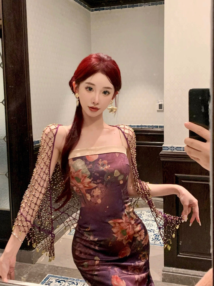 Beth and Brian Qipao-MIMO Tube top, floral pattern, purple long Qipao set