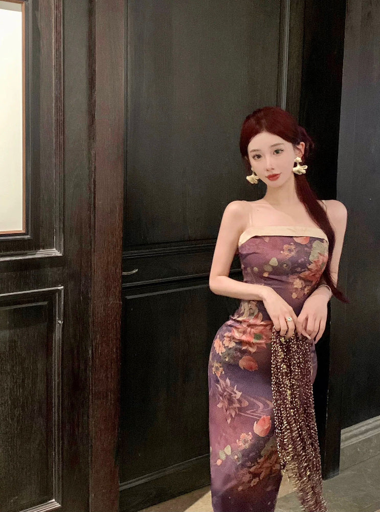 Beth and Brian Qipao-MIMO Tube top, floral pattern, purple long Qipao set