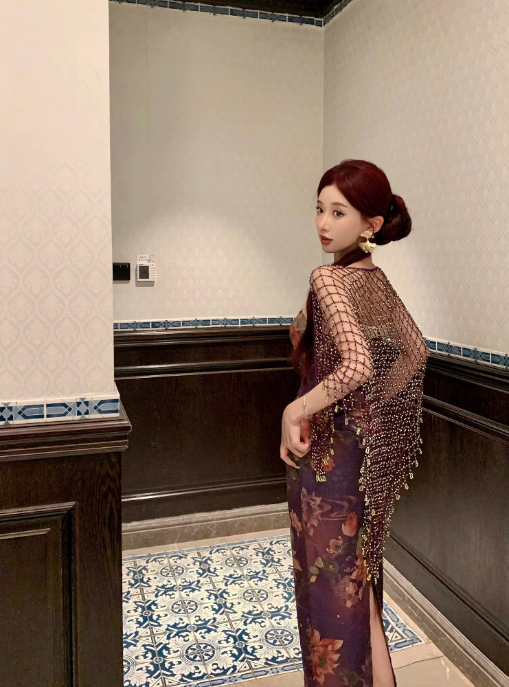 Beth and Brian Qipao-MIMO Tube top, floral pattern, purple long Qipao set