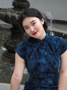 Beth and Brian Qipao-JNX Floral pattern, blue long plus size Cheongsam