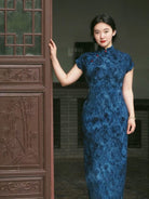 Beth and Brian Qipao-JNX Floral pattern, blue long plus size Cheongsam