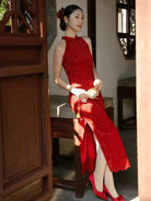 Beth and Brian Qipao-JNX Sleeveless, halter wedding midi Cheongsam