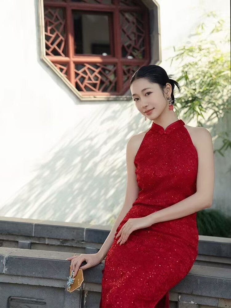 Beth and Brian Qipao-JNX Sleeveless, halter wedding midi Cheongsam