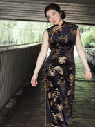 Beth and Brian Qipao-JNX Plus size, Sleeveless, New Chinese style(新中式), black long Cheongsam