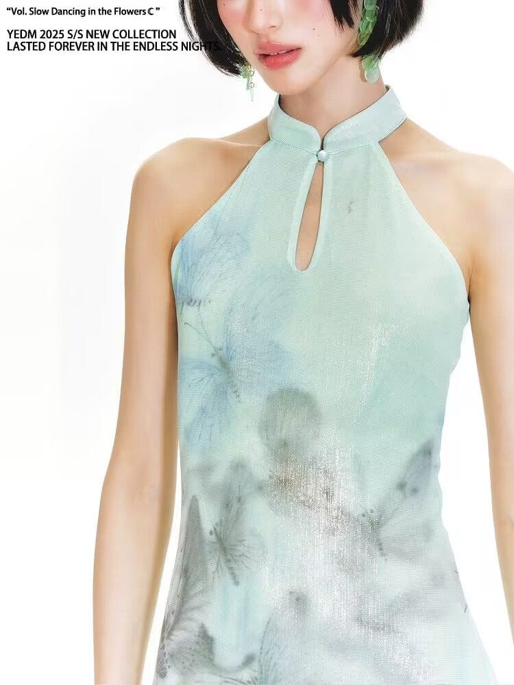 Beth and Brian Qipao-YE Butterfly pattern, New Chinese style (新中式), Halter long Cheongsam