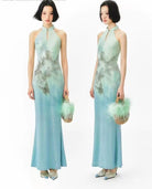 Beth and Brian Qipao-YE Butterfly pattern, New Chinese style (新中式), Halter long Cheongsam