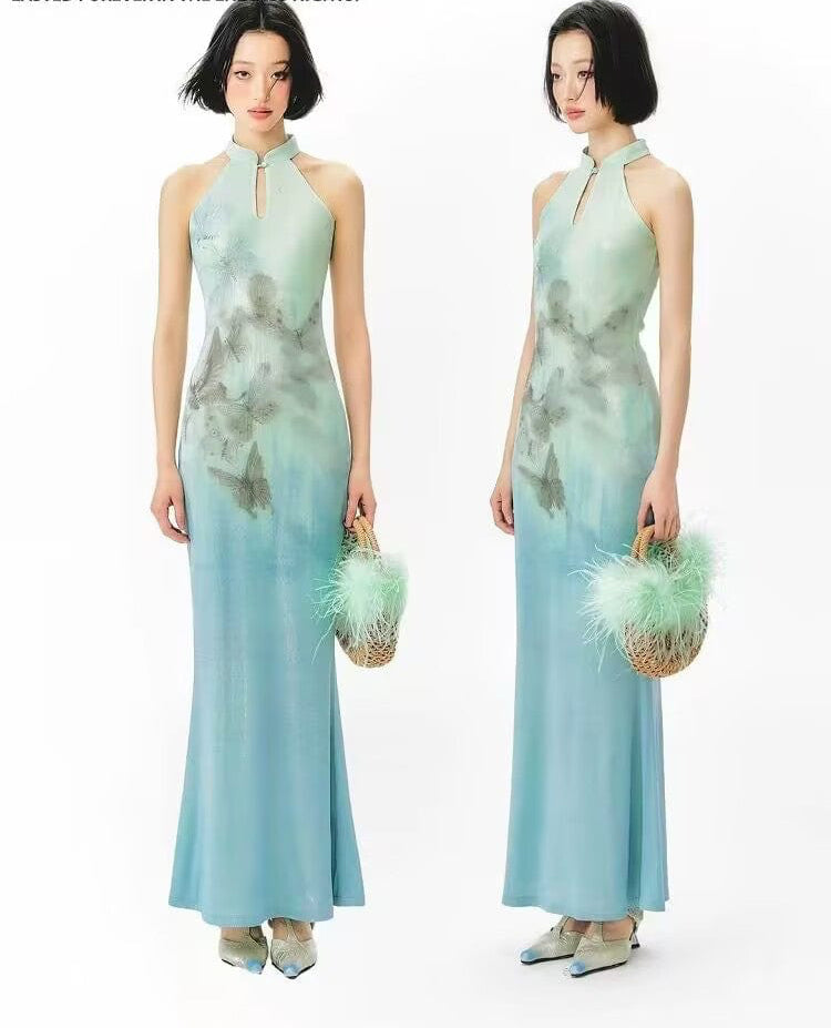 Beth and Brian Qipao-YE Butterfly pattern, New Chinese style (新中式), Halter long Cheongsam