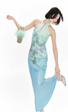 Beth and Brian Qipao-YE Butterfly pattern, New Chinese style (新中式), Halter long Cheongsam