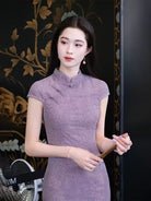 Beth and Brian Qipao-LQ Floral pattern, jacquard purple long Cheongsam