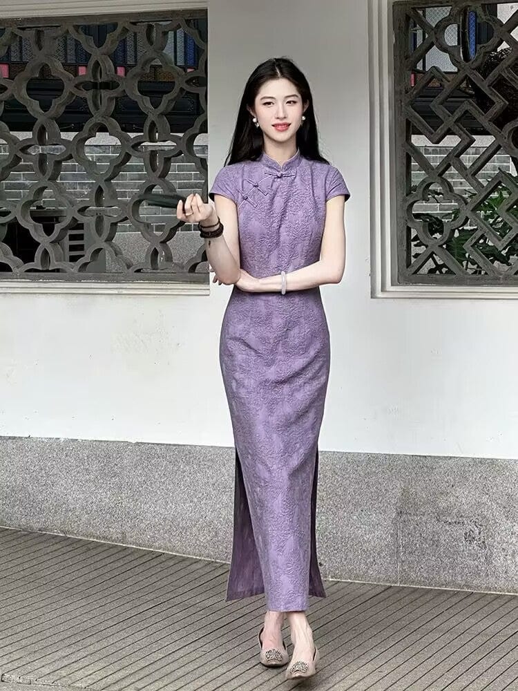 Beth and Brian Qipao-LQ Floral pattern, jacquard purple long Cheongsam