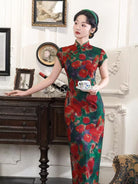 Beth and Brian Qipao-XL Floral pattern, red and green, daily long Cheongsam