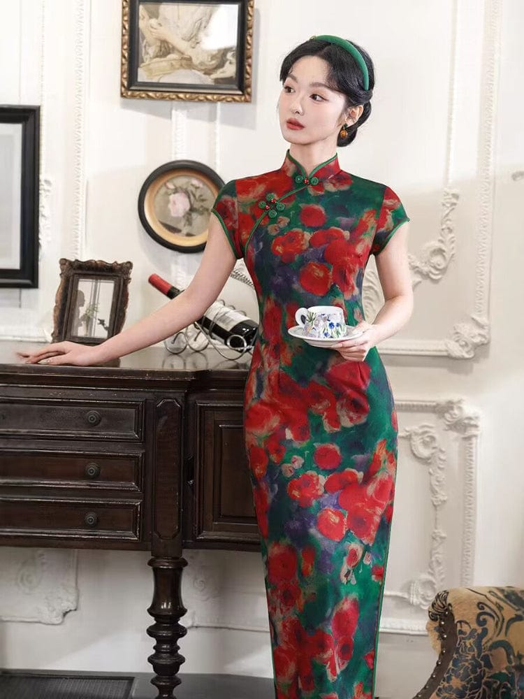 Beth and Brian Qipao-XL Floral pattern, red and green, daily long Cheongsam