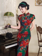 Beth and Brian Qipao-XL Floral pattern, red and green, daily long Cheongsam