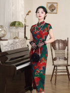 Beth and Brian Qipao-XL Floral pattern, red and green, daily long Cheongsam