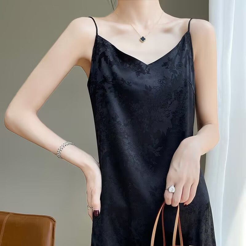 Beth and Brian Qipao-BN V-Neck Spaghetti Strap Qipao Dress, Jacquard Spaghetti Strap Qipao Dress