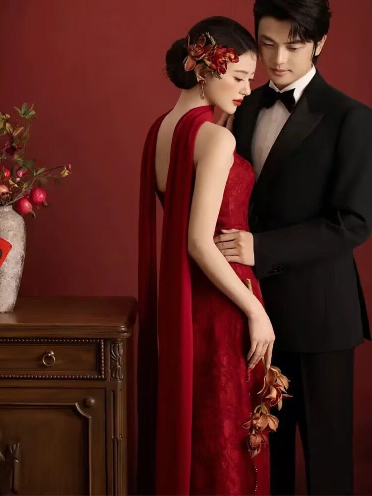 Beth and Brian Qipao-SX New Chinese style(新中式), Tube top, red long Cheongsam