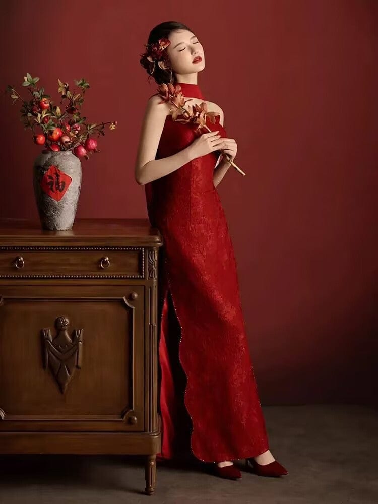 Beth and Brian Qipao-SX New Chinese style(新中式), Tube top, red long Cheongsam