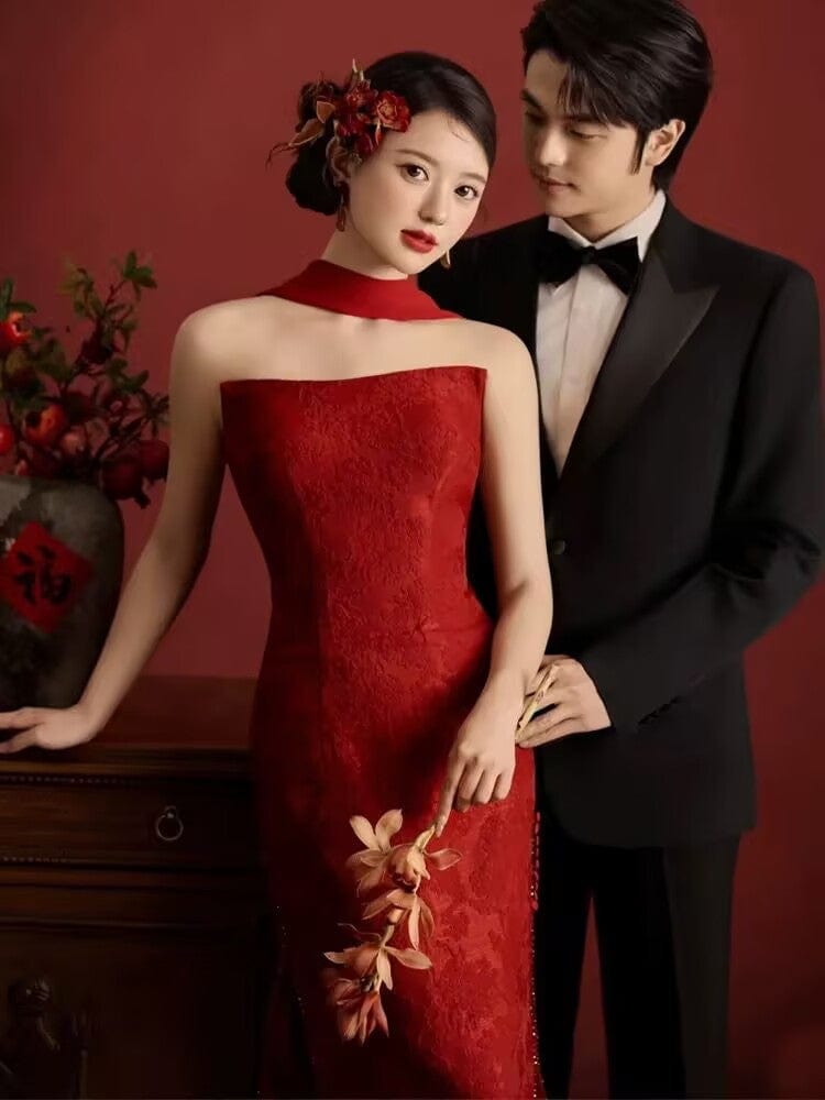 Beth and Brian Qipao-SX New Chinese style(新中式), Tube top, red long Cheongsam