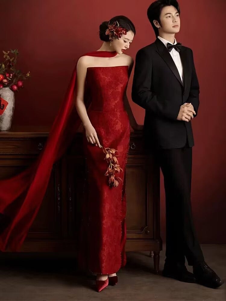 Beth and Brian Qipao-SX New Chinese style(新中式), Tube top, red long Cheongsam