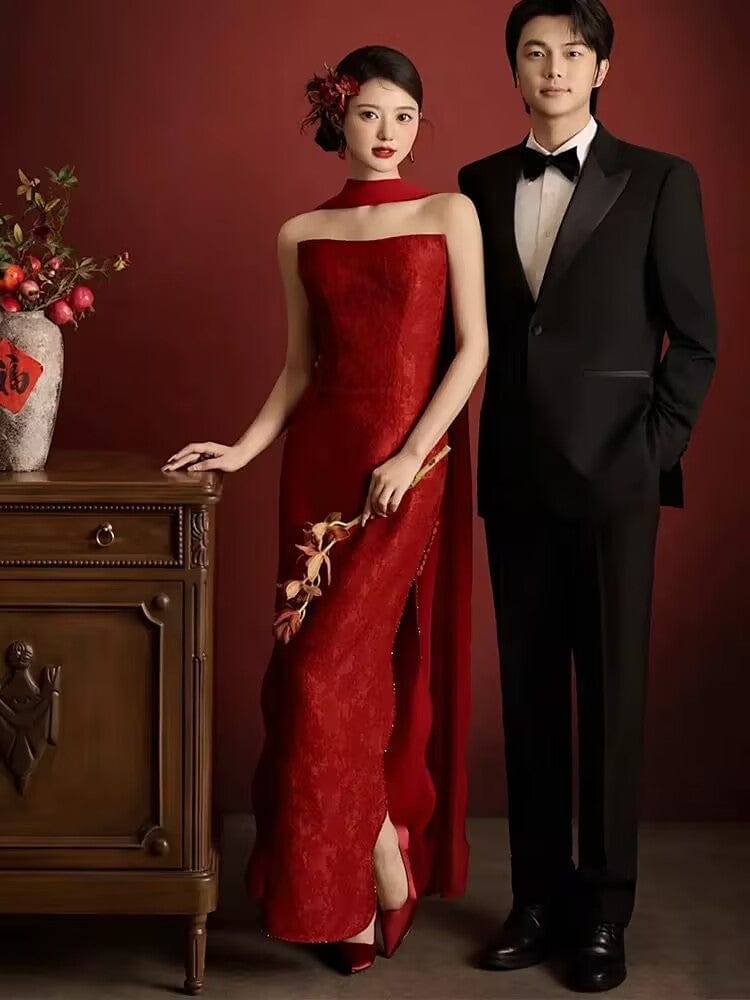 Beth and Brian Qipao-SX New Chinese style(新中式), Tube top, red long Cheongsam