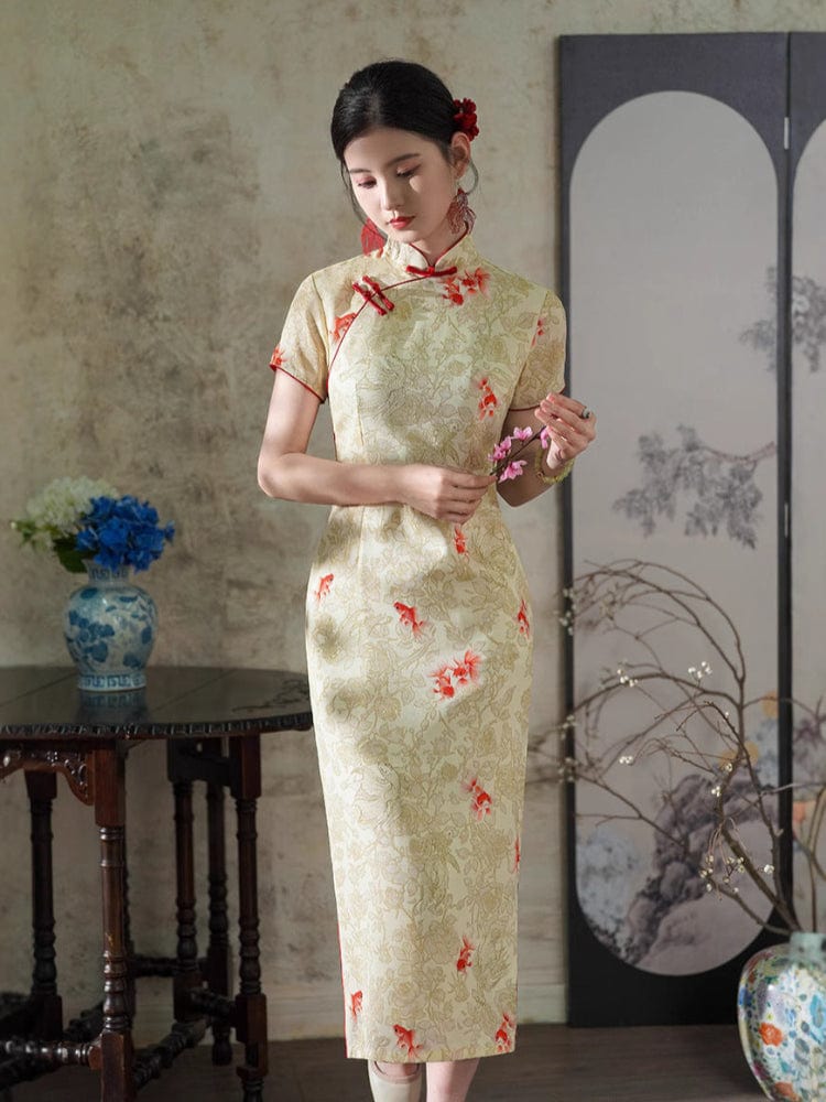 Beth and Brian Qipao-XWC Fish and floral pattern, linen midi Cheongsam