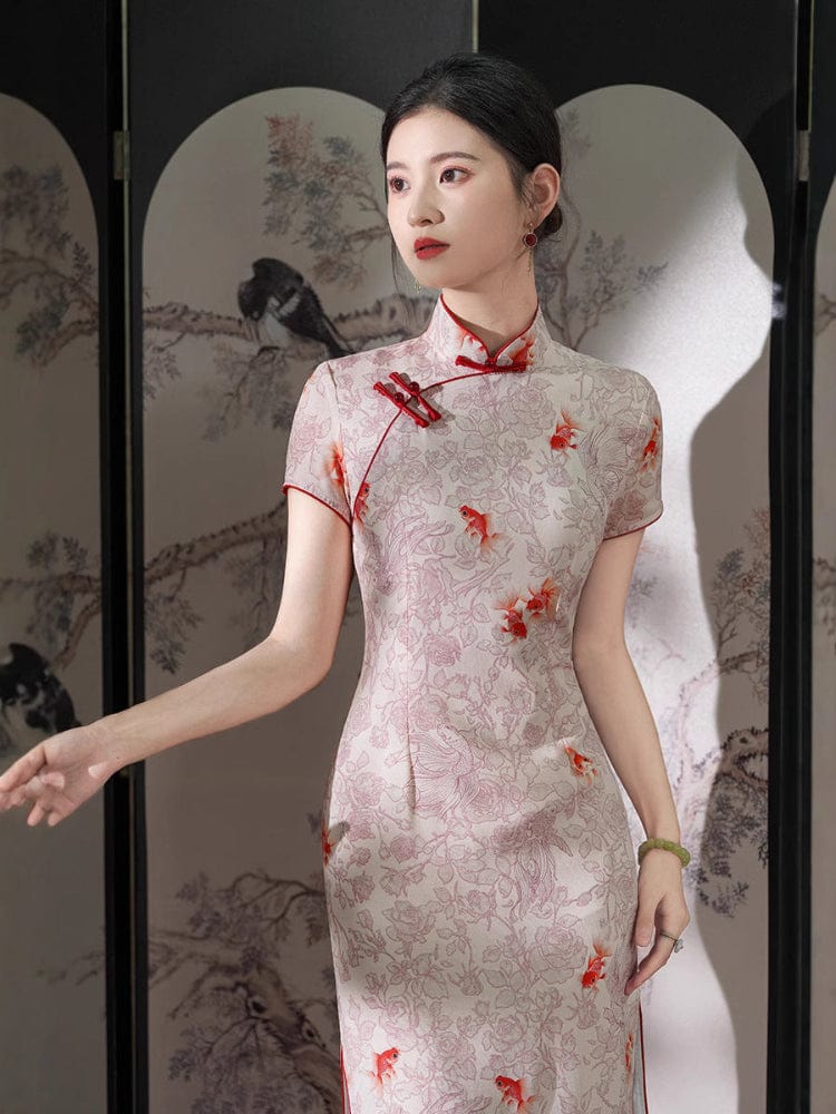 Beth and Brian Qipao-XWC Fish and floral pattern, linen midi Cheongsam