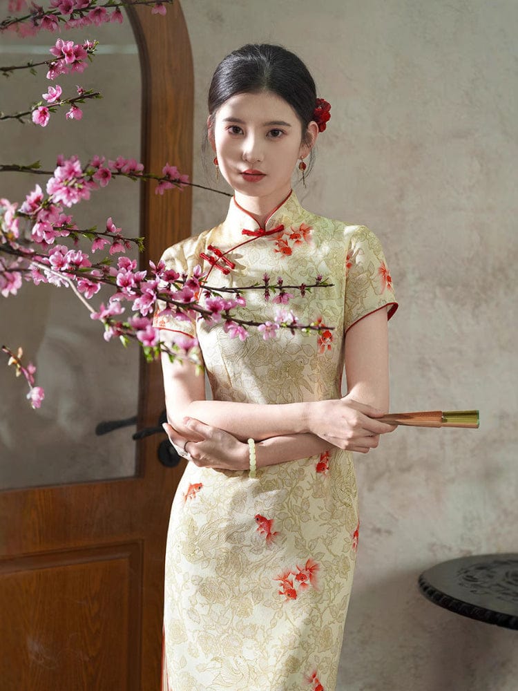 Beth and Brian Qipao-XWC Fish and floral pattern, linen midi Cheongsam