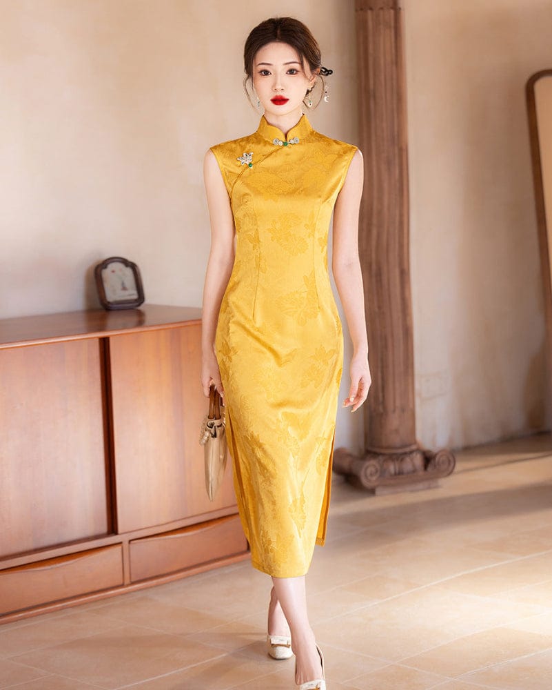 Beth and Brian Qipao-YG Floral pattern, jacquard satin midi Cheongsam