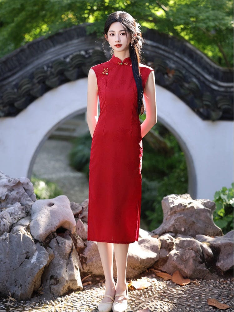 Beth and Brian Qipao-YG Floral pattern, jacquard satin midi Cheongsam