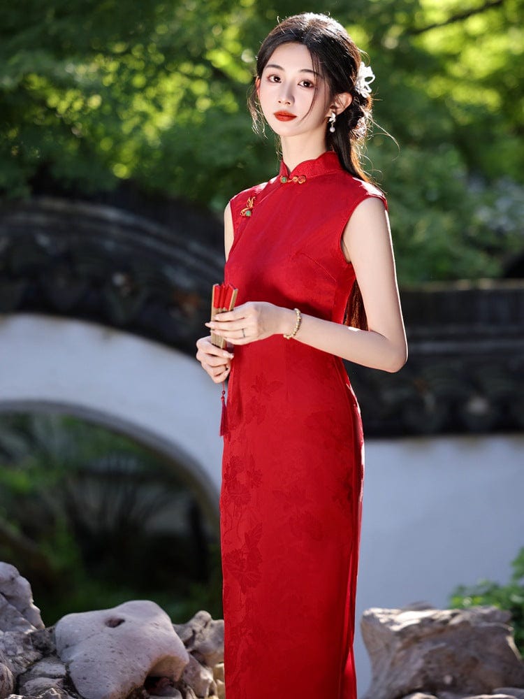 Beth and Brian Qipao-YG Floral pattern, jacquard satin midi Cheongsam