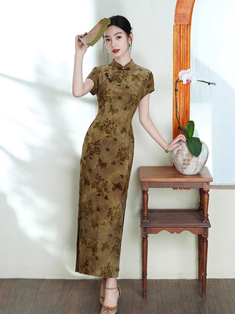 Beth and Brian Qipao-XL Flocking fabric, floral midi Cheongsam