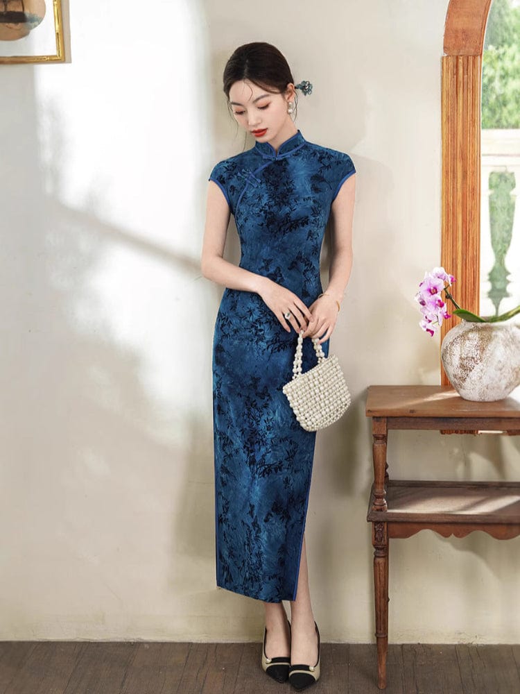 Beth and Brian Qipao-XL Flocking fabric, floral midi Cheongsam