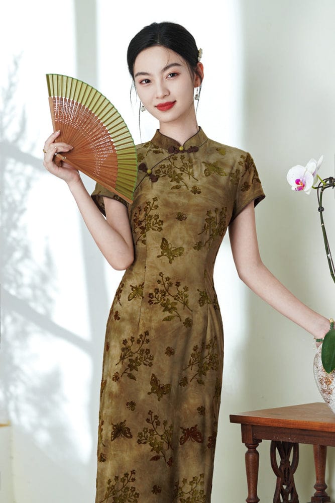 Beth and Brian Qipao-XL Flocking fabric, floral midi Cheongsam