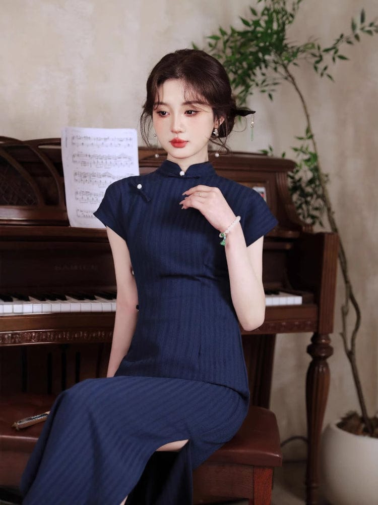 Beth and Brian Qipao-TY Strip pattern, daily long Cheongsam