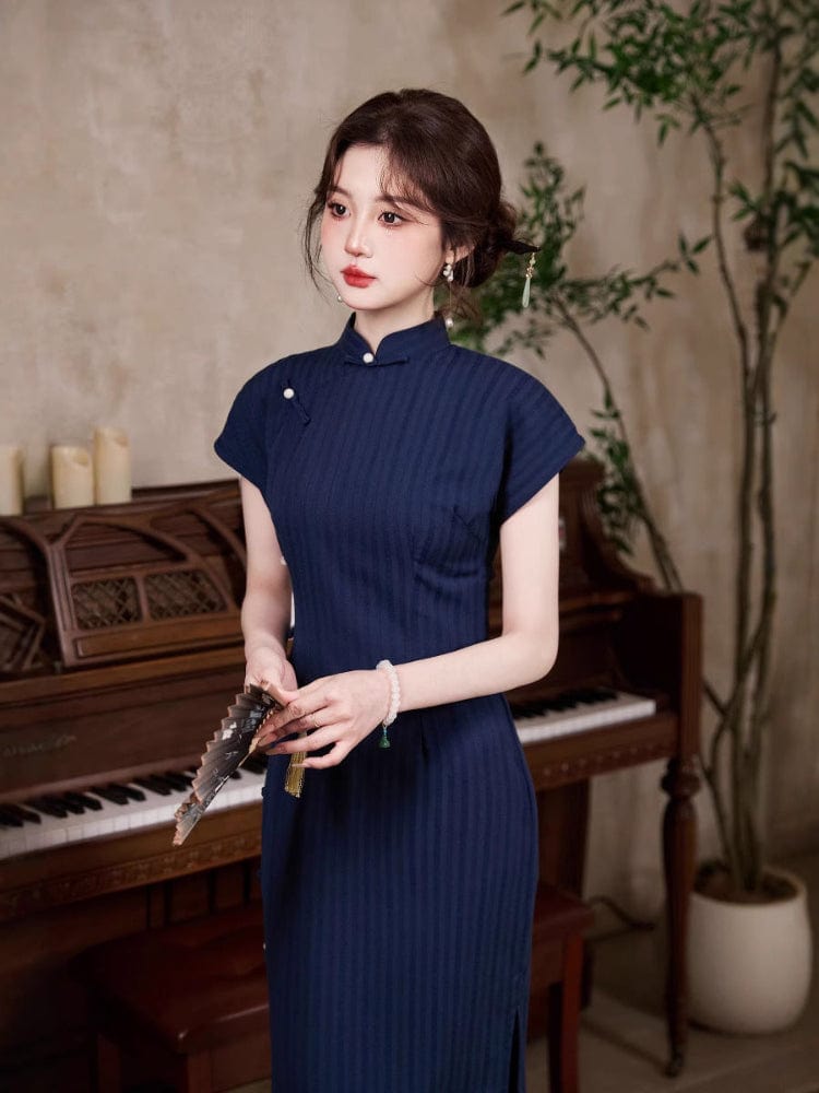 Beth and Brian Qipao-TY Strip pattern, daily long Cheongsam