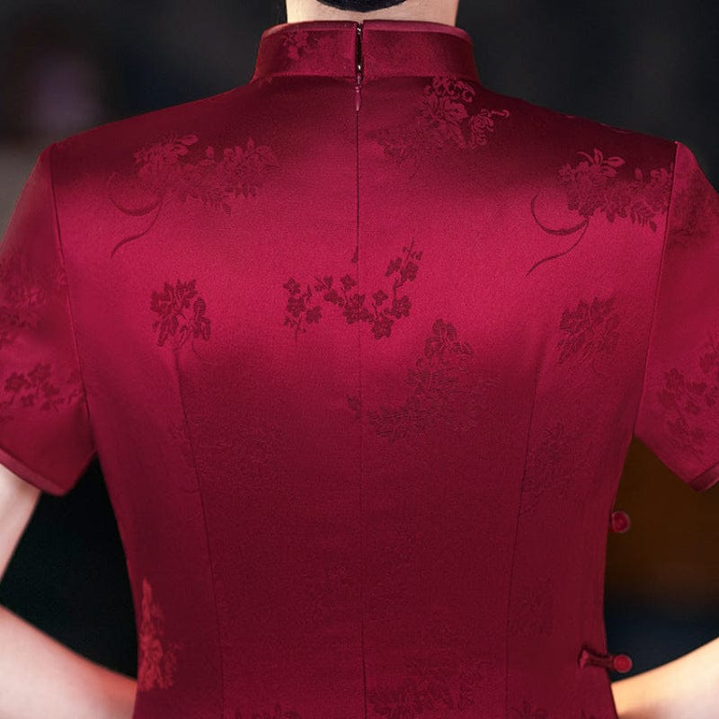 Beth and Brian Qipao-QZYF Floral pattern, acetate satin fabric, wine red midi Cheongsam